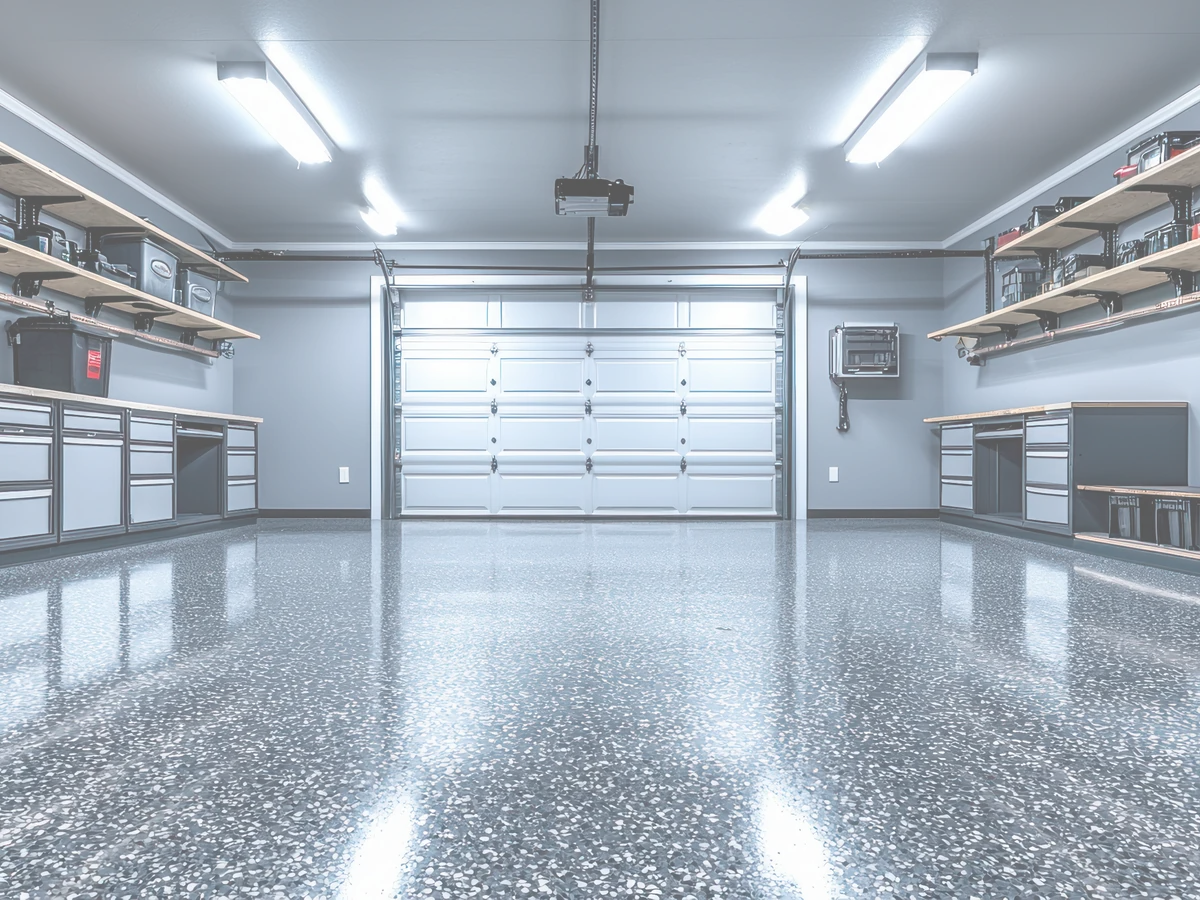 Finished gray flake epoxy floor in a residential garage