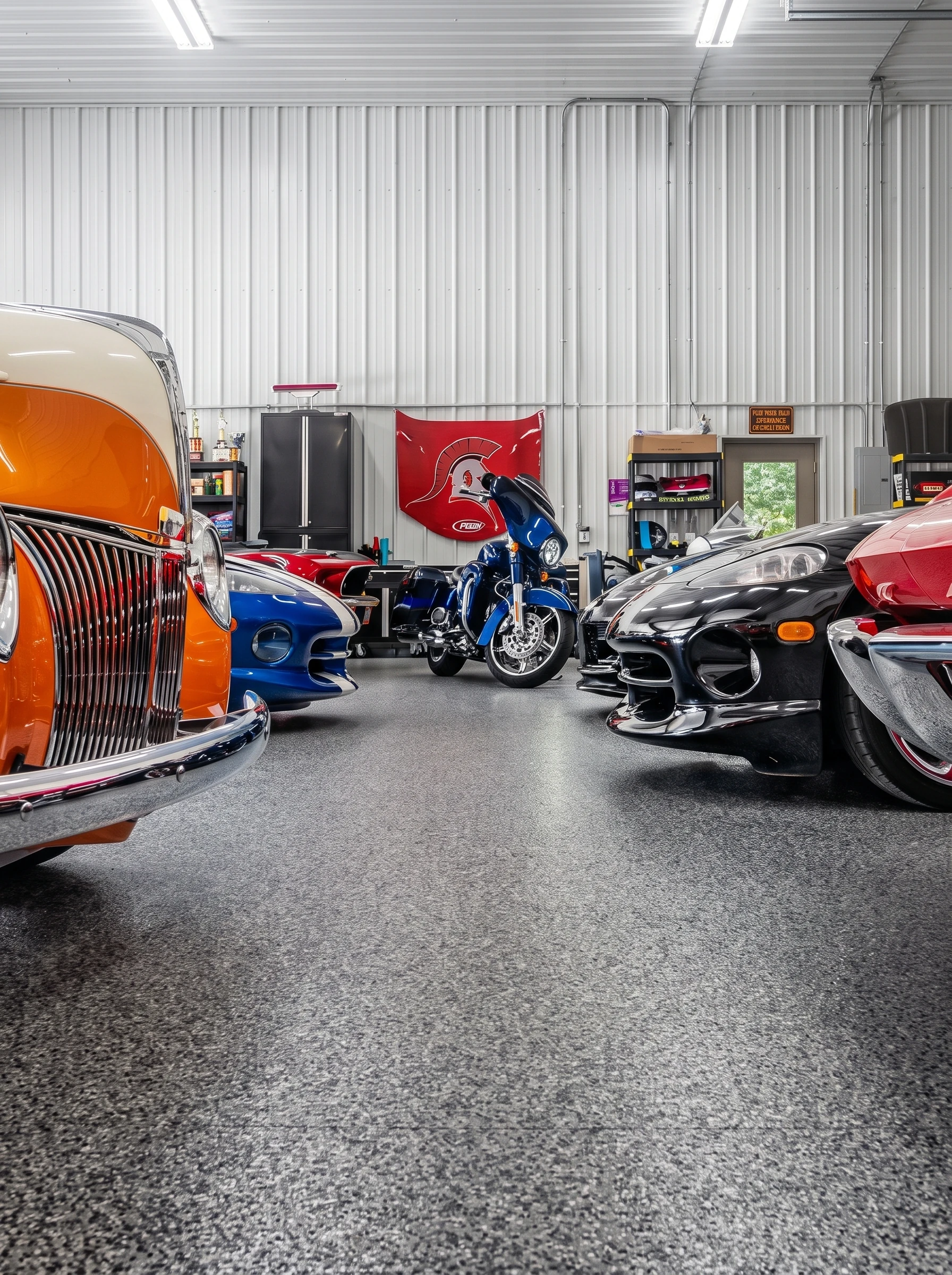 Finished flake epoxy floor in a large vehicle garage