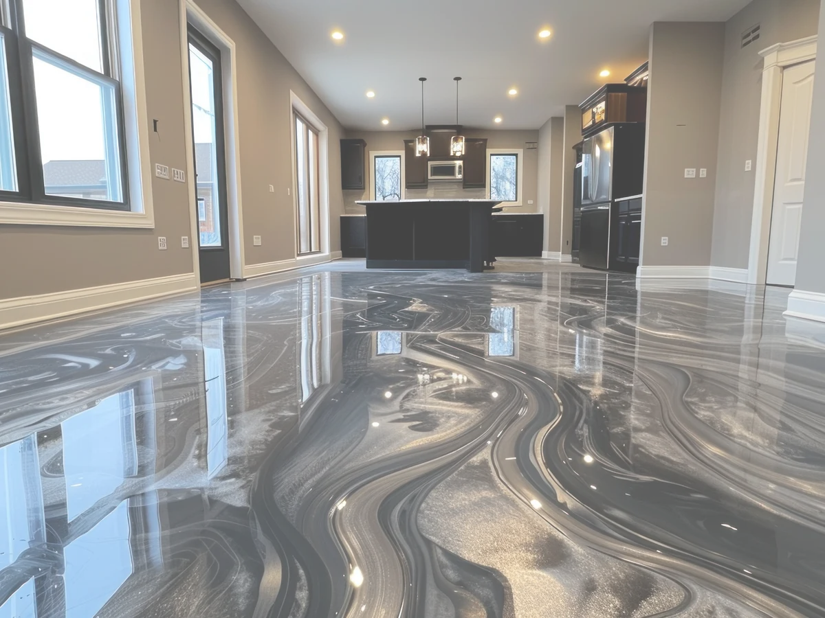 Dark metallic epoxy floor with visible depth and movement