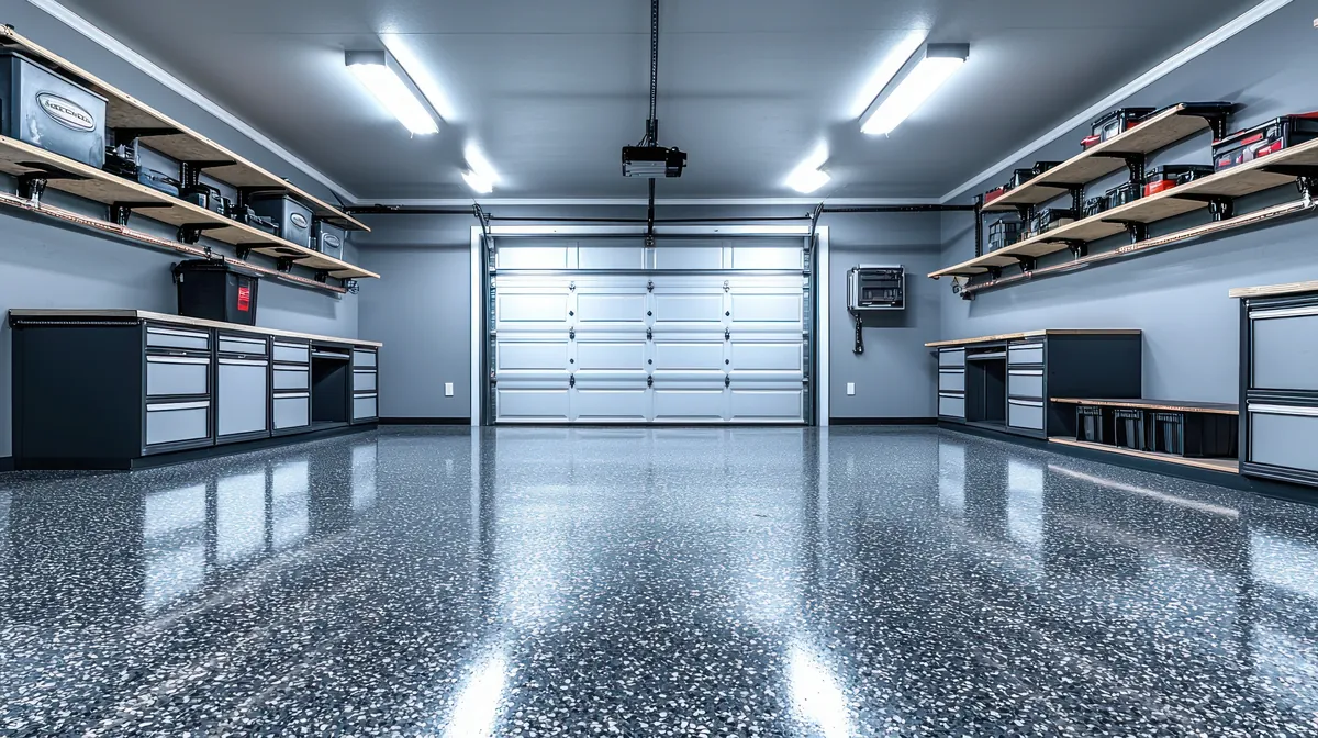 Garage with finished flooring, painted walls, trim and organized storage