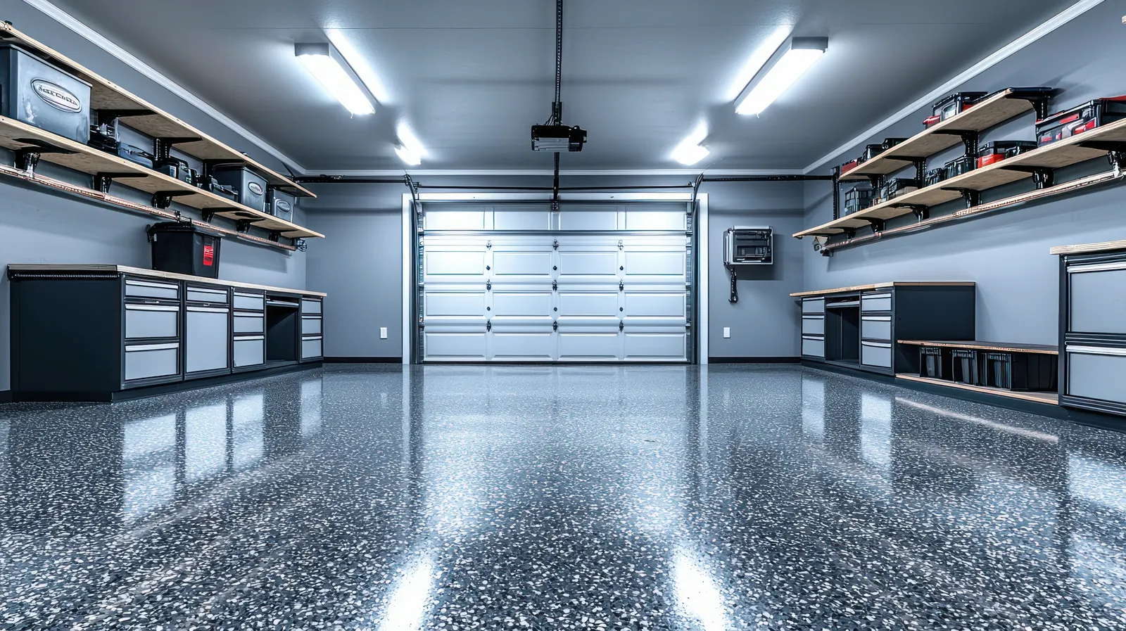 Remodeled residential garage with a finished floor, painted walls, cabinets and wall shelving