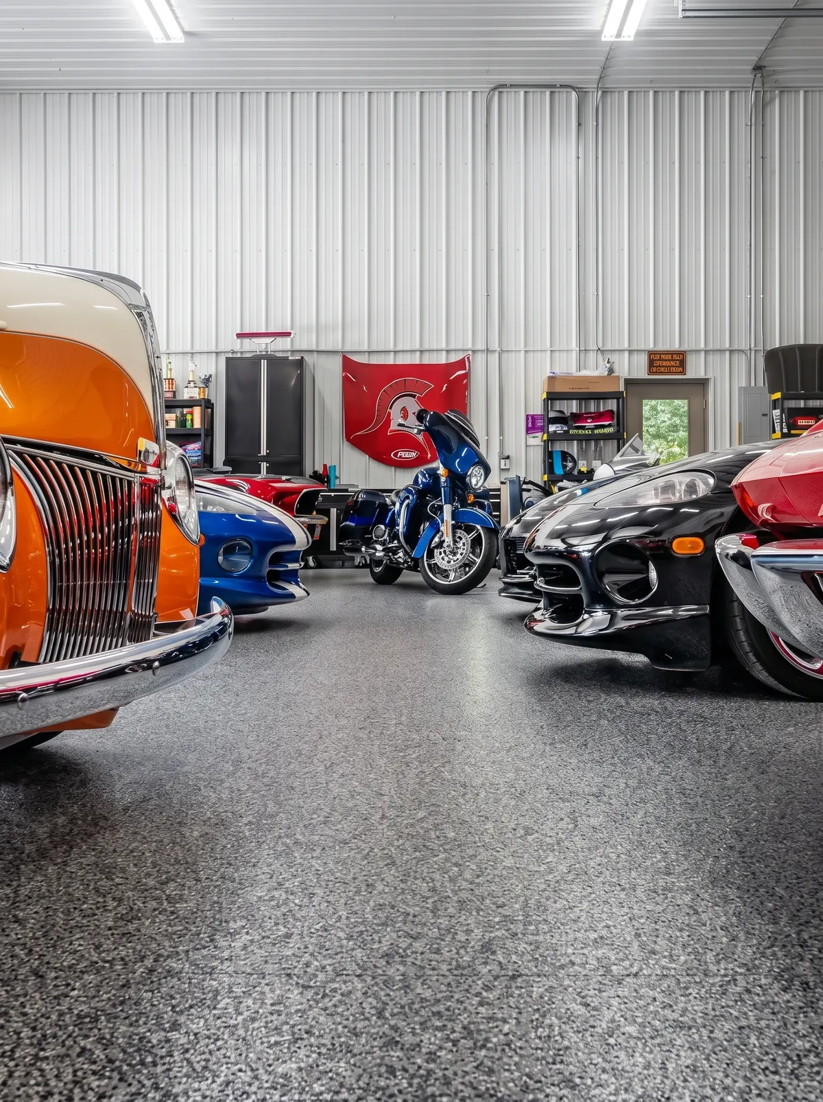 Large garage with a finished floor and open space around parked vehicles
